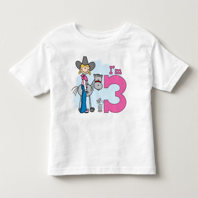 Camiseta Infantil Aniversário de 3 anos de Stick Cowgirl (Frente)