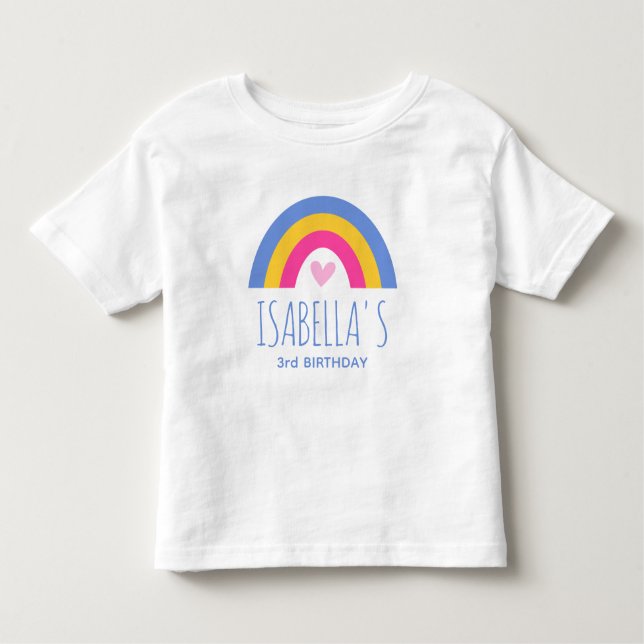 Camiseta Infantil Aniversário de 3 anos do Cotovelo Arco-Íris Nome P (Frente)