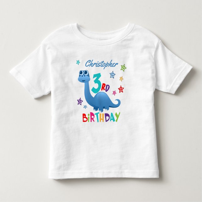 Camiseta Infantil Aniversário de 3 anos do Dinossauro Azul Personali (Frente)