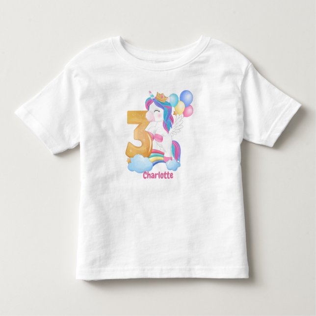 Camiseta Infantil aniversário de 3 anos Unicórnio Arco-Íris (Frente)