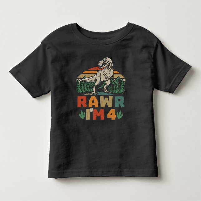 Camiseta Infantil Aniversário de 4 anos do dinossauro T Rex Rawr eu  (Frente)