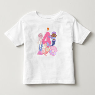 Camiseta Infantil Aniversário de 4 anos Pastel Sereia e Criaturas Ma