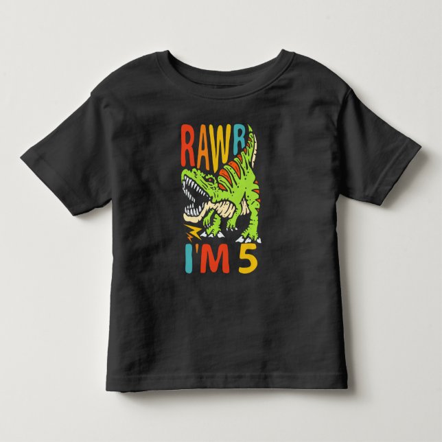 Camiseta Infantil Aniversário de 5 anos do dinossauro T Rex Rawr eu  (Frente)
