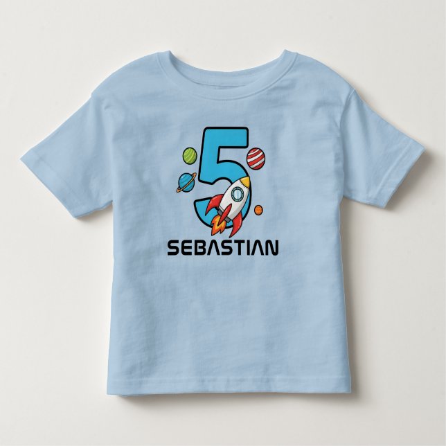 Camiseta Infantil Aniversário de 5 anos – Planetas do Espaço  (Frente)
