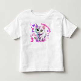 Camiseta Infantil Aniversário de Coração e Gatinho Rosa e Branco Ado