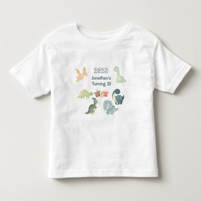 Camiseta Infantil Aniversário de três anos de idade, dinossauro fofo (Frente)