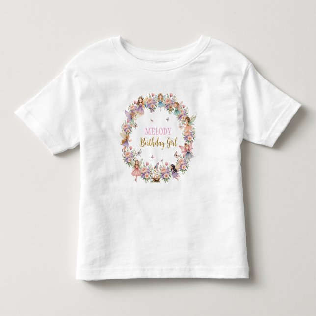 Camiseta Infantil aniversário do jardim de fadas da flor caprichosa  (Frente)