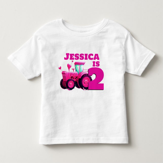 Camiseta Infantil Aniversário do Trator Rosa (Frente)