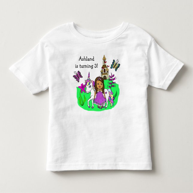 Camiseta Infantil Aniversário Princesa e Unicórnio Idade e Nome (Frente)