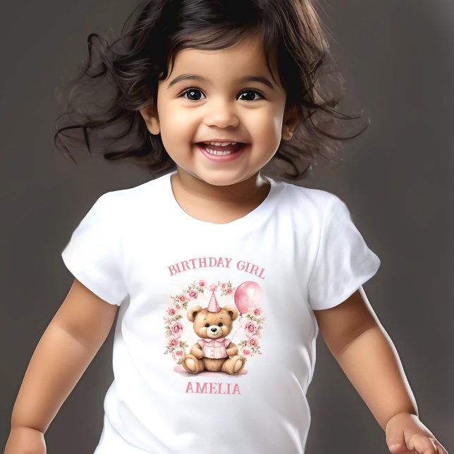 Camiseta Infantil Aniversário Rapariga Rosa Urso Rosa Rosa Nome Flor (Birthday Girl Pink Cute Bear Floral Name Toddler T-shirt)