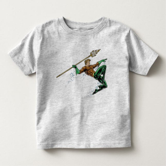 Camiseta Infantil Aquaman Pulmando com Lança (Frente)