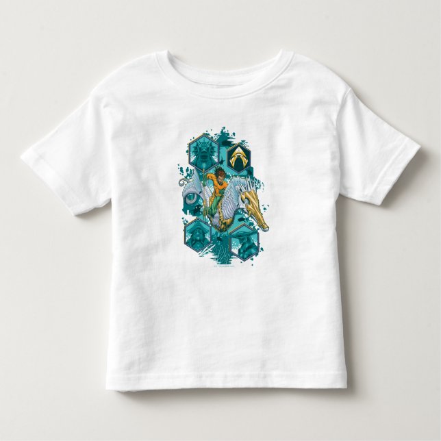 Camiseta Infantil Aquaman Riding Seacavalo através dos reinos (Frente)