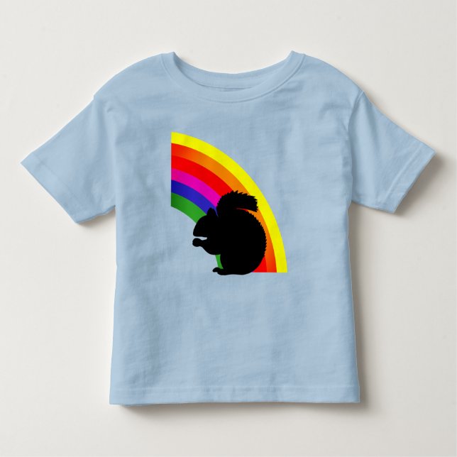 Camiseta Infantil Arco-Íris Colorido de Esquilo Preto (Frente)