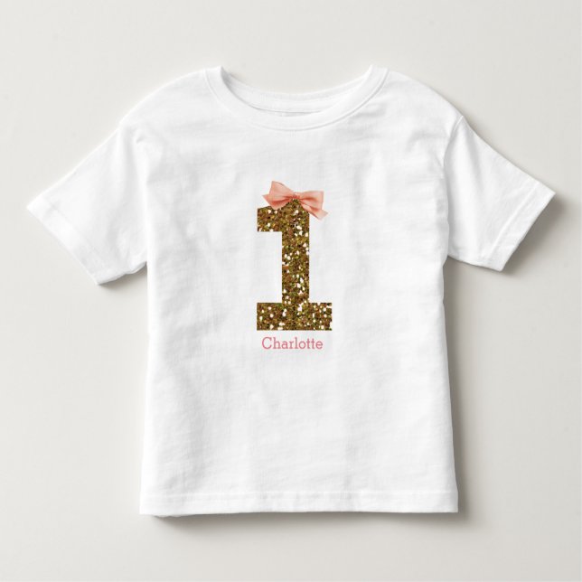 Camiseta Infantil Arco Rosa Dourado Brilho Um primeiro aniversario (Frente)
