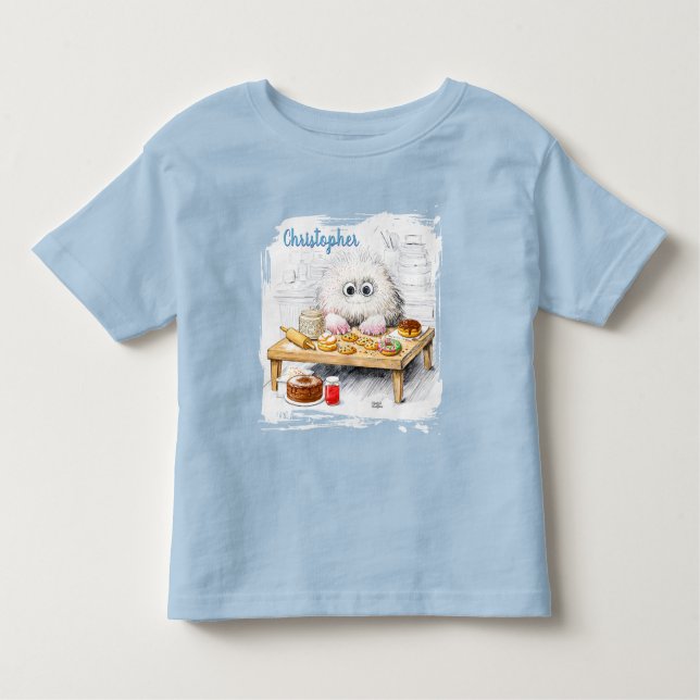 Camiseta Infantil Arte de Monstro do Açúcar em Pó Azul Claro (Frente)