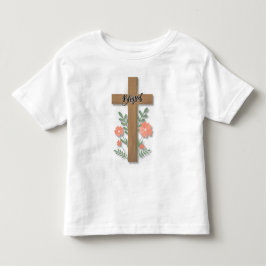 Camiseta Infantil Arte em Madeira da Palavra Bendita Cruz e Flores d
