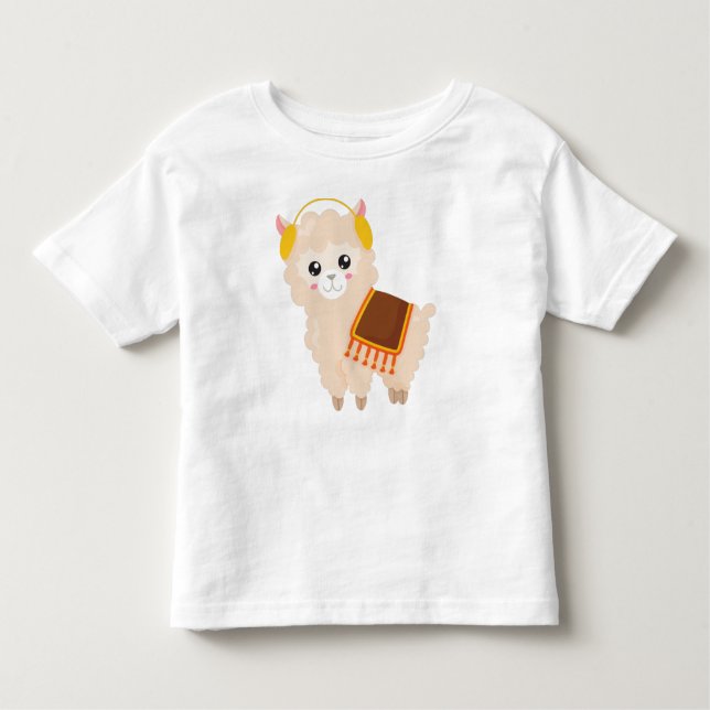 Camiseta Infantil Autumn Llama, Cute Llama, Cute Alpaca, Ear Muff (Frente)