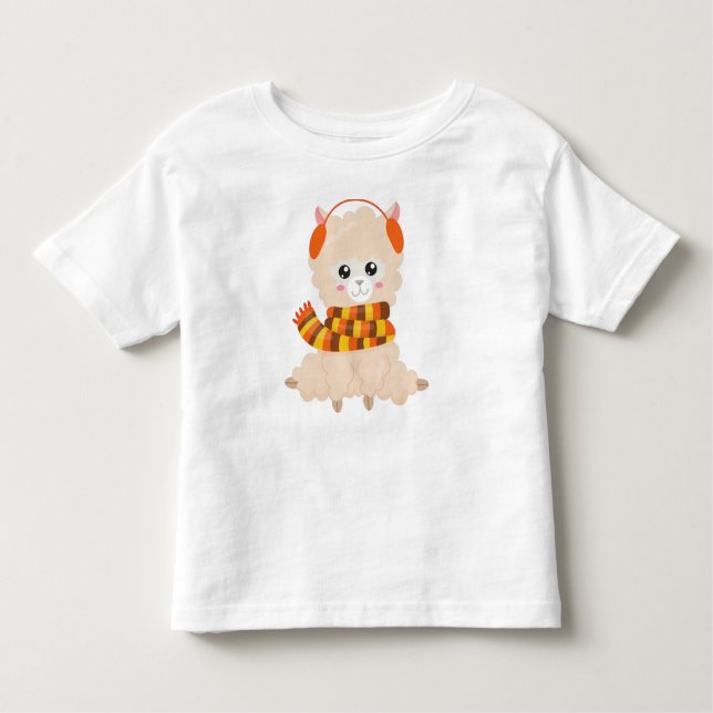 Camiseta Infantil Autumn Llama, Cute Llama, Llama Com Scarf, Alpaca (Frente)