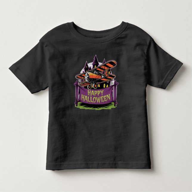 Camiseta Infantil Avião sobrevoando faixa feliz do halloween (Frente)