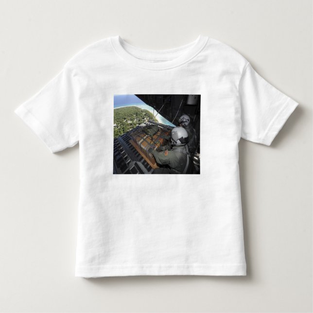 Camiseta Infantil Aviões empurram uma palete de mercadorias doadas 2 (Frente)