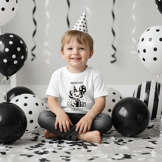 Camiseta Infantil Axolotl Preto e Branco & Balões de Aniversário (Criador carregado)