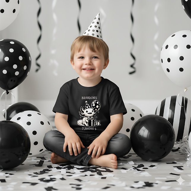 Camiseta Infantil Axolotl Preto e Branco & Balões de Aniversário (Criador carregado)
