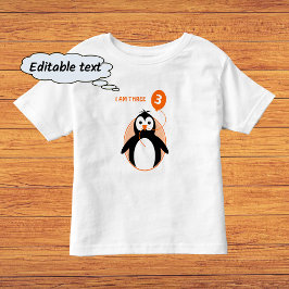 Camiseta Infantil Balão de laranja de pinguim de terceiro aniversári