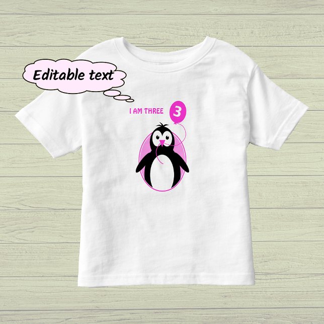 Camiseta Infantil Balão rosa pinguim de terceiro aniversário (Criador carregado)