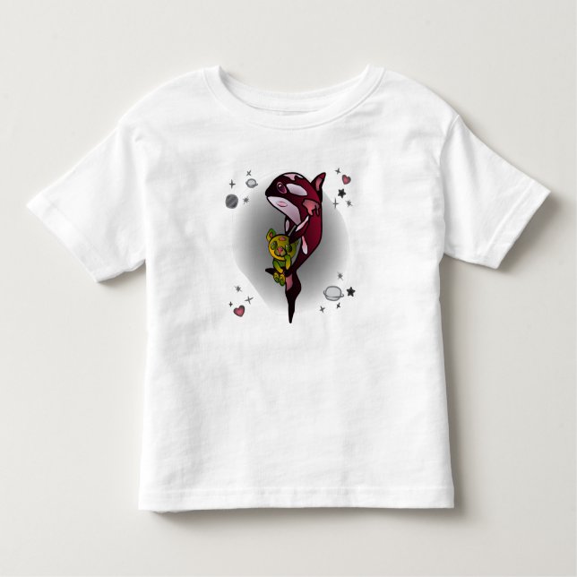 Camiseta Infantil Baleia Orca com Urso de Teddy no Espaço Design grá (Frente)