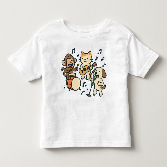 Camiseta Infantil Banda bobo Animal - Tambores Macacos, Violão Gato  (Frente)