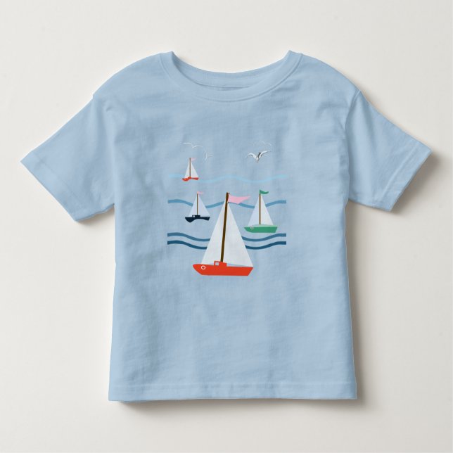 Camiseta Infantil Barcos à vela, gaivotas, ondas do oceano (Frente)