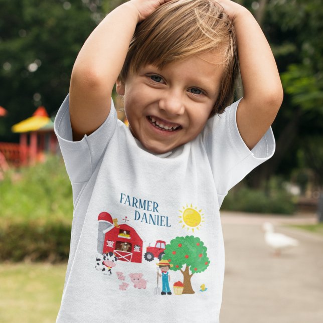 Camiseta Infantil Barragens de Cartoon, Animais, Agricultor e Trator (Criador carregado)