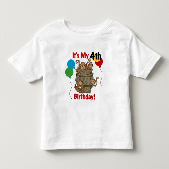 Camiseta Infantil barril de macacos 4º aniversário (Frente)