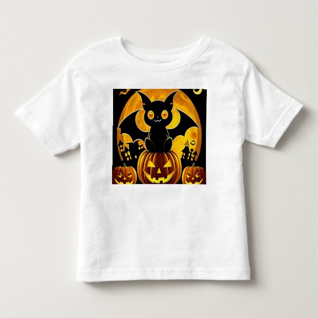 Camiseta Infantil Bat de Cartoon e Abóboras em Lua Cheia (Frente)