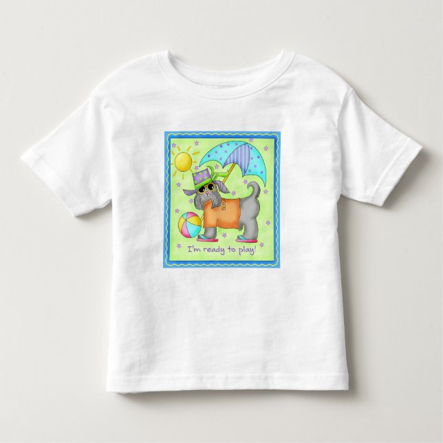 Camiseta Infantil Beach Dog Whimsy Art Green Blue (Frente)