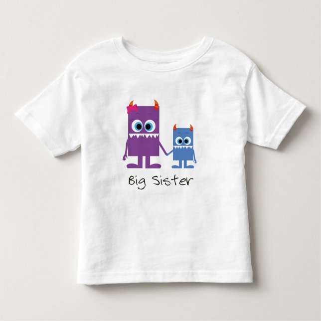 Camiseta Infantil “big sister” lilás monstros irmãos azuis (Frente)