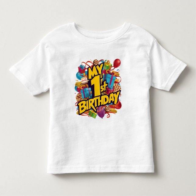 Camiseta Infantil Biscoitos de Aniversário de 1 Ano Bolo E Balões  (Frente)