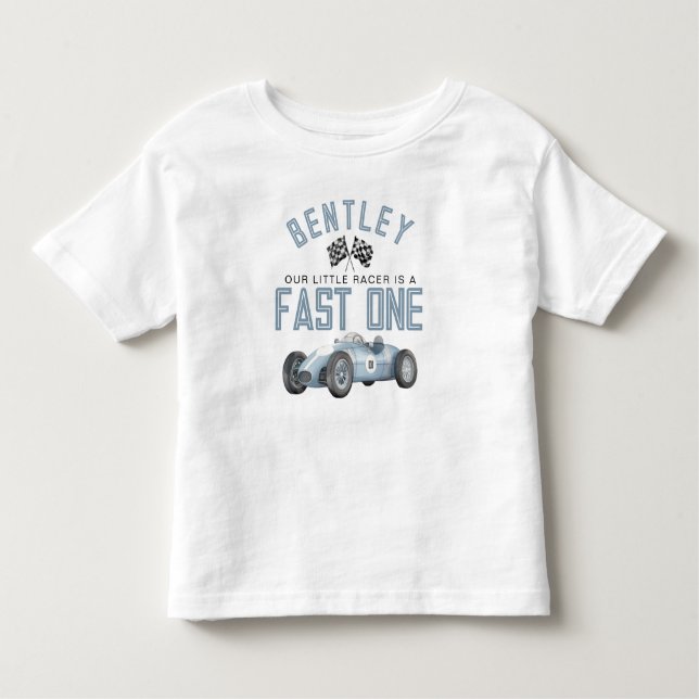 Camiseta Infantil Blue Race Car Fast One Birday Boy Shirt (Frente)