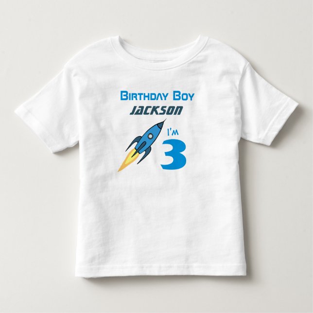 Camiseta Infantil Blue Retro Rocket Ship Personalizado Birthday Boy (Frente)