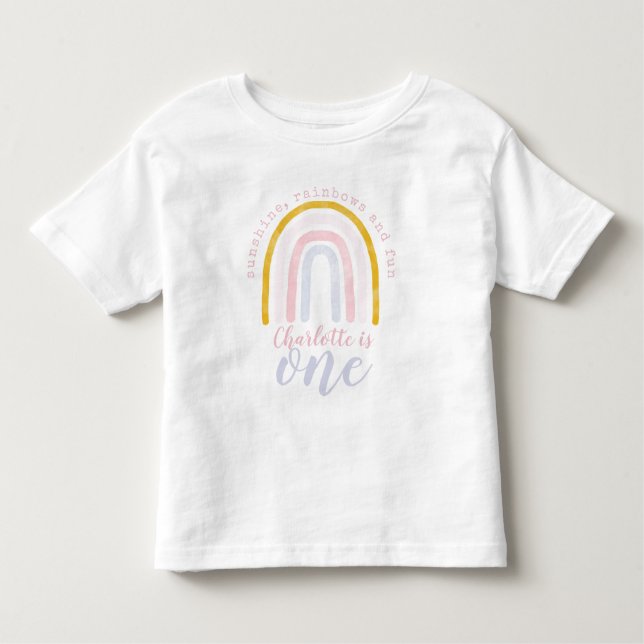 Camiseta Infantil Boho Sunshine, Rainbows e Fun Primeiro Aniversário (Frente)