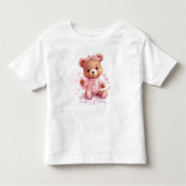 Camiseta Infantil Boho Teddy Bear Girl Pink Bear Floral Aniversário