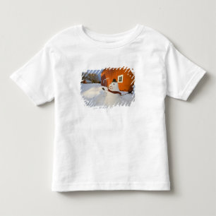 Camiseta Infantil Boneco de neve na frente do celeiro vermelho em