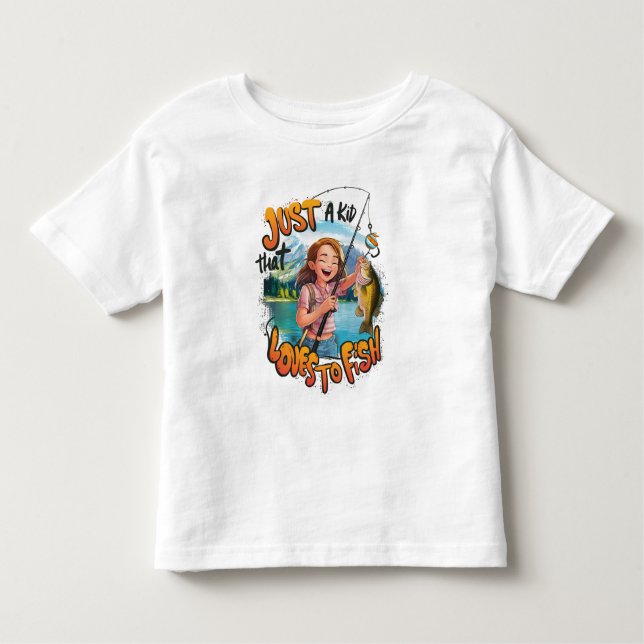 Camiseta Infantil Bonita Captura: Menina Com Peixe e Pesca (Frente)
