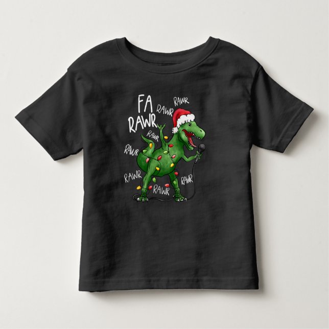 Camiseta Infantil Bonita Fa Rawr Rawr Cantando Dinossauro de Natal (Frente)