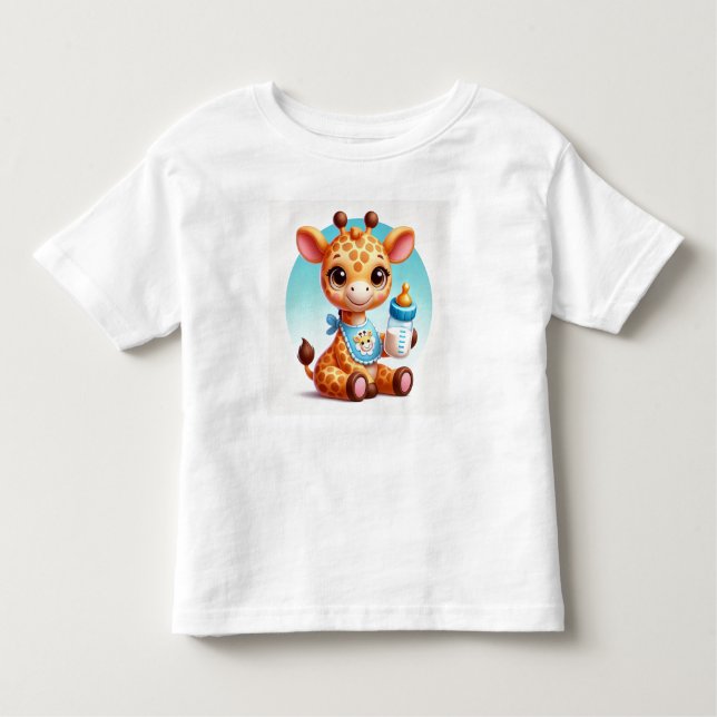 Camiseta Infantil Bonita girafa de bebê segurando uma garrafa (Frente)