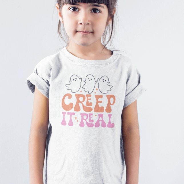 Camiseta Infantil Bonito e Spooky Halloween - Parte Superior do Groo (Groovy Halloween Toddler Shirt  with Cute Ghosts in Pastel Colors. halloween tee for toddlers
)