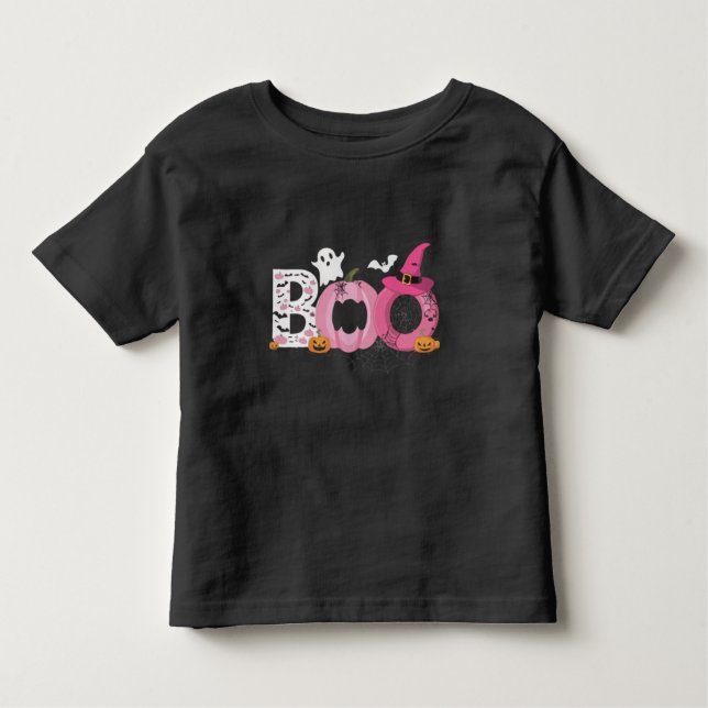 Camiseta Infantil Boo Pumpkin engraçado com morcegos e abóboras rosa (Frente)