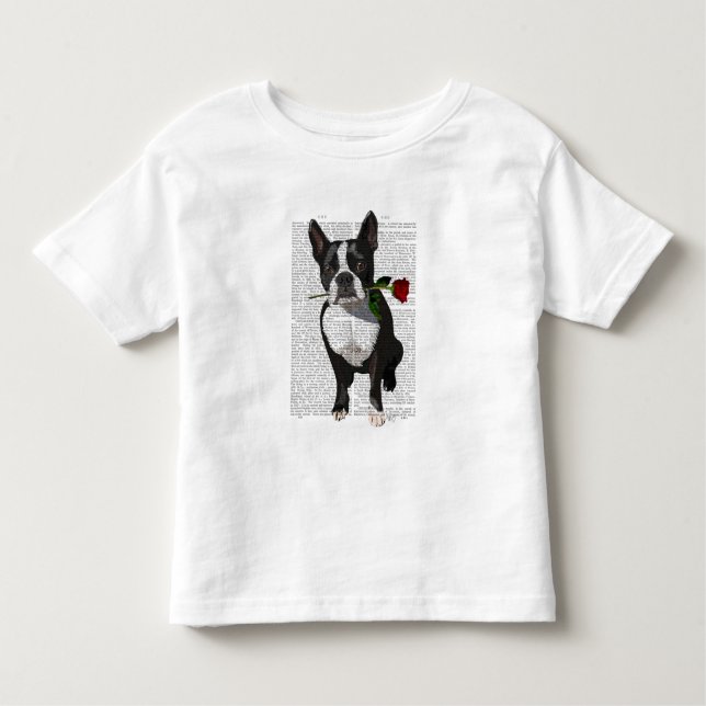 Camiseta Infantil Boston Terrier com Rosa em Boca (Frente)