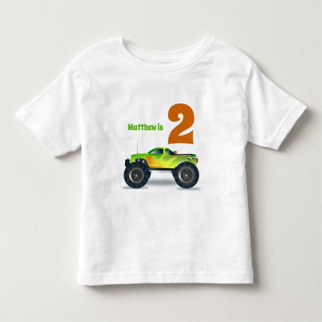 Camiseta Infantil Boys segundo aniversário MONSTER TRUCK Add Name (Frente)