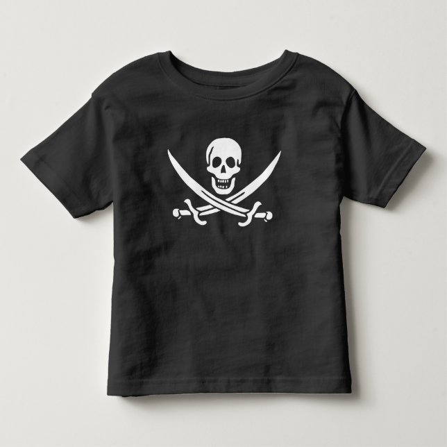 Camiseta Infantil Branco, Bandeira Pirata Calico Jack, Caveira e Cut (Frente)